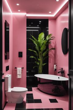 a bathroom with pink walls and black tile flooring, a plant in the middle of the bathtub