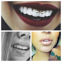 four different pictures with white teeth and piercings