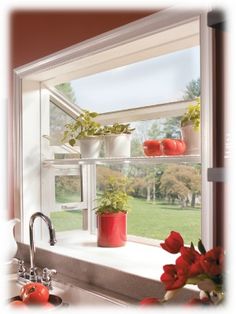 a kitchen window with plants and flowers on the windowsill