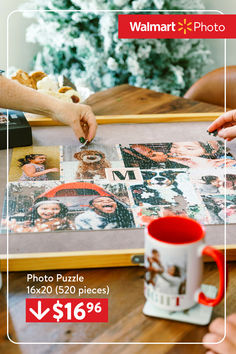 two people holding hands over a photo puzzle