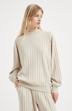 The noble cashmere fiber is characterized by an extreme fineness and also for its precious insulating qualities which guarantee warmth, providing coverage and lightness when worn. Crew-neck in rib knit Drop shoulder Wide sleeve Nickel-free monili decoration Rib Knitting, Rib Sweater, Latest Sweater, Stylish Sweaters, Womens Cashmere, Boutique Online, Beige Sweater, Brown Sweater, Wide Sleeves