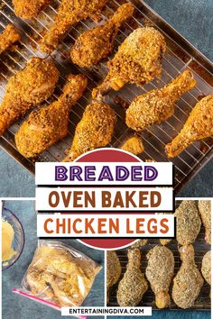 breaded oven baked chicken legs on a baking rack with the words, breaded oven baked