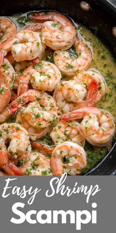 a skillet filled with shrimp and sauce