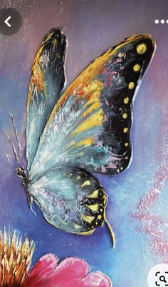 a painting of a butterfly flying over a flower