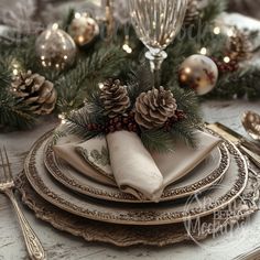 a place setting with pine cones and napkins