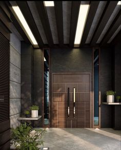 the entrance to an apartment building with wooden doors and planters in pots on either side