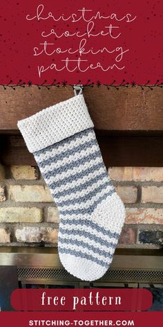 a knitted christmas stocking hanging from a fireplace with text overlay that reads free pattern