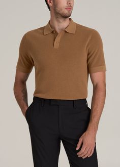 Purl Knit Polo for the Tall Man with Style Refined Relaxation Elevate your casual look with our Purl Knit Tall Men's Polo Shirt. This isn't just an extra-long polo shirt—it's a statement of sophistication made with the taller guy in mind. The modern fit and longer-than-hip length ensure a sleek silhouette without sacrificing comfort. Whether it’s for a smart-casual meeting or a weekend getaway, this men's tall polo shirt, with its ribbed hem and cuffs, ensures you stand out in the best way possi Casual Brown Cashmere Top, Casual Wool Polo Sweater With Textured Knit, Casual Wool Polo Sweater, Casual Brown Knit Polo Sweater, Classic Brown Wool Tops, Brown Collared Wool Sweater, Brown Collared Polo Sweater, Wool Polo Sweater For Business Casual, Business Casual Wool Polo Sweater