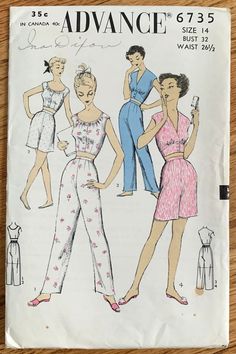 * ©1954 Advance UNPRINTED pattern #6735 * Misses' Pajamas: Two Tops - Two Lengths - Sleeveless, front buttoned, bare midriff top - The scoop neckline with gathers, armhole and lower edge of midriff finished with self binding - Pajama front with darts and waistband - Back with elastic in casing. (View 1) Long length pajamas. (View 2) Same top, short length. (View 3) Sleeveless. V neckline, soft gathers, from front buttoned midriff - Long length pajamas. (View 4) Short length. * size 14 bust 32 wa Fitted Retro Sleepwear For Loungewear, Retro Fitted Sleepwear For Loungewear, Vintage Spring Sets For Pajama Party, Vintage Pajama Party Sets For Spring, Vintage Sets For Spring Pajama Party, 60s Pajamas, Vintage Spring Pajama Party Sets, Fitted Vintage Sleepwear, Vintage Pajamas Women 1950s