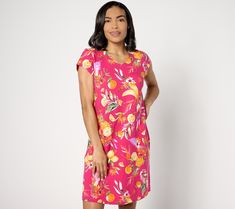 Put it in print! This playful jersey pullover dress says something about what ya like -- comfort, cheer, and pop-up plans with your nearest and dearest. Summer, we're ready! From Denim & Co.® Fashions. Casual Graphic Print Loungewear Dress, Casual Cotton Dresses With All Over Print, Pink Crew Neck Lounge Dress, Casual Floral Print Crew Neck Dress, Casual Dresses With Crew Neck And Floral Print, Casual Dresses With Floral Print And Crew Neck, Jersey Dress, V Neck Dress, Dress Skirt