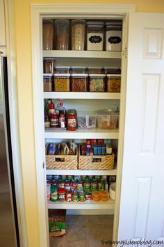 an organized pantry with lots of food in it