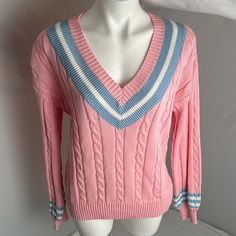 Fate Pink Blue White Cable Knit V-Neck Long Sleeve Sweater. Retro Style. Nwt. Smoke Free Home Pink V-neck Soft Knit Top, Preppy Crew Neck Sweater For Spring, Pink Long Sleeve V-neck Sweater, Spring Cable Knit V-neck Sweater, Pink Casual Cable Knit Sweater, Pink Cable Knit Casual Sweater, Casual Pink Cable Knit Sweater, V-neck Cable Knit Sweater For Spring, Trendy Pink V-neck Sweater