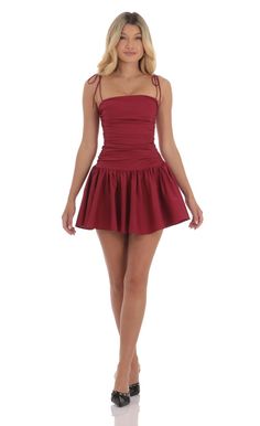 Ruched Fit and Flare Dress in Red | LUCY IN THE SKY Red Hoco Dress Short, Dark Red Short Dress, Hoco Dress Short, Red Hoco Dresses, Red Hoco Dress, Red Satin Mini Dress, Maroon Mini Dress, Dark Red Dresses, Wine Dress