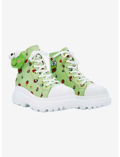 Keroppi Mushroom Platform Hi-Top Sneakers | Hot Topic Sanrio Fits, Stitch Coloring, Sanrio Backpack, Summer Wishlist, Charmmy Kitty, Black Gold Chain, Kawaii Shoes, Hello Kitty Items, Shoes Pink