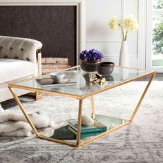 a living room filled with furniture and a glass coffee table on top of a rug