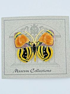 This beautiful butterfly brooch was hand fabricated 40+ years ago using 925 sterling silver for the base metal, 18K gold plating and hand-painted with glass enamel. The images do not accurately show the vibrant and glossy enamel colors but I want to assure you they are lovely in person. You can tell by looking at the back of the brooch that the wings of the butterfly are domed and dimensional. When you look closely at the images, you will notice the fine hand fabrication of this brooch. The company that made this item is well known for manufacturing detailed & authentic replicas of jewelry found in museums. I was lucky enough to purchase a large sample case filled with their jewelry that had been locked away for 30+ years. The condition of this appears to be almost new and the enamel is in Jewelry Motifs, Natural Jewelry, Love Natural, Butterfly Brooch, Museum Collection, The Butterfly, Nature Jewelry, Beautiful Butterflies, Base Metal