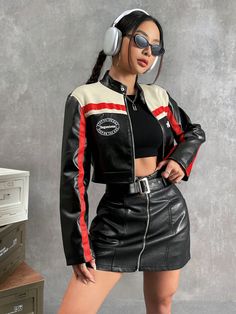 Albaricoque Casual Collar manga larga Cuerina Color combinado,Letras Más Embellished No-Elástico Womens Jackets Casual, Cropped Zip Up, Pu Leather Jacket, Leather Motorcycle Jacket, Style Streetwear, Y2k Streetwear, Streetwear Women, Leather Jackets Women, Fashion Colours