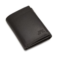 A wonderful gift idea for the professional who dresses for success, this black leather trifold wallet has a place for everything AND has RFID blocking technology too! Inside the wallet are 2 pockets for bills, a flip-up quick access ID flap with 3 credit card slots on the opposite side for easy access, 9 more credit card slots (12 total), and 3 receipt holders! Personalization of 3 characters in the bottom right corner is free, and the wallet comes packaged in a gift box, ready to present to you Classic Black Trifold Wallet As Gift, Black Trifold Wallet For Business, Black Trifold Wallet With Rfid Blocking For Everyday, Black Trifold Card Holder, Black Trifold Wallet With Rfid Blocking For Daily Use, Modern Black Trifold Wallet With Card Slots, Black Trifold Wallet With Coin Pocket, Elegant Rfid-blocking Trifold Wallet, Leather Wallets With Rfid Blocking For On-the-go