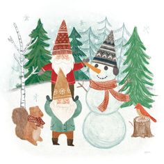 a snowman and two bears standing next to each other in front of some trees