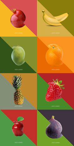 an image of different fruits and vegetables on a multicolored background with the same color scheme