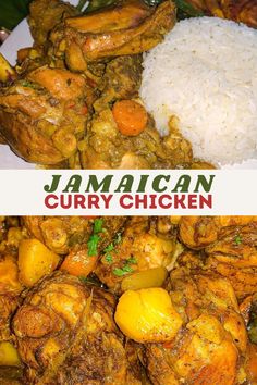 jamaican curry chicken served with rice and vegetables