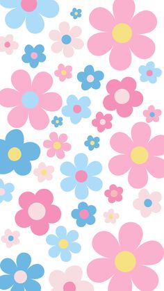 a bunch of colorful flowers on a white background with blue, pink and yellow colors