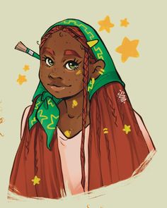 a drawing of a woman with braids and a green scarf on her head, looking at the camera