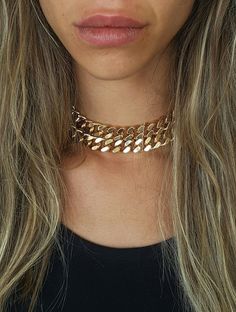 Gold Double Chain Link Necklace, Gold Link Chain Necklace With Double Chain, Gold Chain Link Choker With Curb Chain, Gold Cuban Link Jewelry For Party, Gold Cuban Link Party Jewelry, Gold Chain Link Choker For Party, Gold Chunky Chain Choker For Party, Gold Plated Double Chain Choker, Gold Curb Chain Choker Jewelry