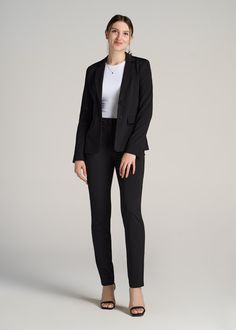 About Our Slim Two Button Blazer for Tall Women This one is all about looking polished, effortlessly. Destined to be among the best blazers for tall women, this is a sophisticated, two-button jacket with refined details. Ideal for pairing with dress pants or elevating your skinny jeans, this blazer for tall women has a slim fit that flatters your long torso. We’ve designed it specifically for ladies from 5’9" to 6’6", so you can be sure it lands where it should—at your hip. The stretch-infused f Blazer Suit Women, Slim Fit Blazer, Women In Black, Fitted Dress Pants, Slim Fit Blazers, Classic Blazer, Button Jacket, Long Torso, Slim Fit Dresses