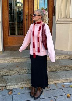 February Aesthetic Outfit, Pink Red Outfit Aesthetic, Cute Winter Outfits Colorful, Pink Skirt Outfit Fall, Pink Knitted Sweater Outfit, Cold Spring Outfits 2024, Humid Rainy Day Outfit, Winter Copenhagen Style, San Francisco Winter Outfit