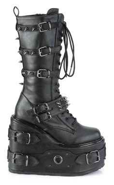 Demonia SWING-327 Black Vegan Knee High Boots | Gothic Shoes Australia Platform Knee High Boots, Demonia Boots, Goth Shoes, Goth Boots, Demonia Shoes, Vegan Leather Boots, Dr Shoes, Metal Spikes, Black Platform Boots