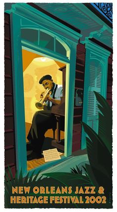 a poster for the new orleans jazz and heritage festival, featuring an image of a man playing