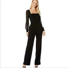 Bcbgmaxazria Black Jumpsuit - Size 06 Nwt Black Jumpsuit With Square Neckline And Sheer Sleeves. Elegant Long Sleeve Pantsuit For Going Out, Black Silk Jumpsuit, Navy Wide Leg Trousers, Flare Dress Pants, Womens White Jeans, Black Velvet Pants, Silk Jumpsuit, Casual Dress Pants, Black Wide Leg Pants