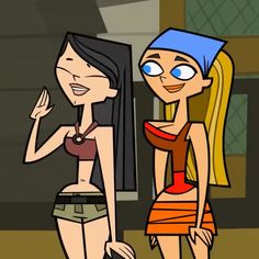 two cartoon characters standing next to each other in front of a building and one has her hand on her hip