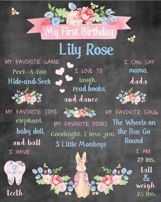 a chalkboard sign that says, my first birthday lily rose