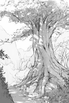 a black and white drawing of a tree with its roots growing out of the ground