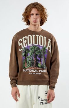 The Sequoia National Park Crew Neck Sweatshirt features a crew neckline, long sleeves, and a standard fit. Made from soft fleece, it showcases a washed front graphic for a vintage-inspired look.Crew necklineLong sleevesStandard fitFront graphic50% Cotton, 50% polyesterMachine washableModel is wearing size mediumModel Measurements: 6’1” Height, 30” Waist, 35” Hips PacSun Mens Sequoia National Park Crew Neck Sweatshirt - Brown size Small Fall Logo Print Long Sleeve Sweatshirt, Fall Long Sleeve Logo Print Sweatshirt, Fall Crew Neck Sweats With Logo Print, Fall Logo Print Crew Neck Sweats, Fall Cotton Sweatshirt With Front Print, Brown Crew Sweatshirt For Streetwear, Brown Crew Neck Sweatshirt For Streetwear, Winter Graphic Print Crew Neck Sweats, Brown Cotton Sweater With Graphic Print