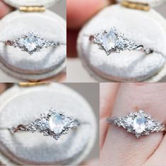 four pictures of an engagement ring with diamonds