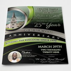 a flyer for an anniversary celebration with a church steeple in the background