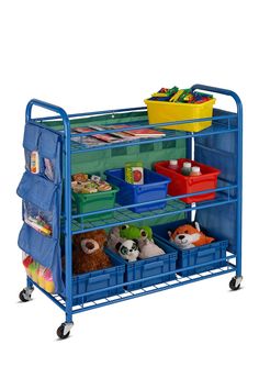 a blue cart with several bins and baskets on it's sides, filled with toys