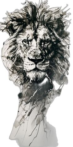 a black and white drawing of a lion's head with its eyes closed, in front of a white background