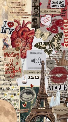 the eiffel tower is surrounded by many different pictures and words, including music