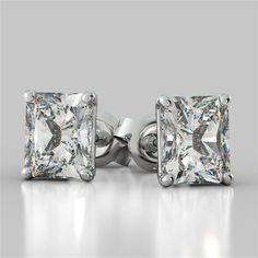 Radiant Cut Diamond Stud Earrings 2 Carats White Gold | HarryChadEnt.com Diamond Earing Designs Unique, Diamond Earring Design, White Gold Studs, Basket Setting, Mini Studs, Radiant Cut Diamond, Radiant Diamond, Square Diamond, White Gold Earrings