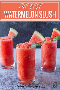 three glasses filled with watermelon slush