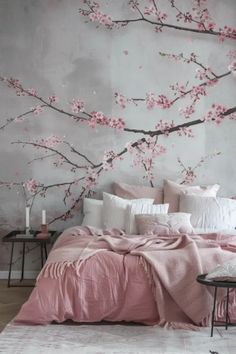 25 Boho Bedroom Wallpaper Ideas - Cherry Blossom On Wall, Blossom Bedroom Ideas, Girls Wallpaper Bedroom, Girls Bedroom Wallpaper Ideas, Japanese Cherry Blossom Wallpaper, Boho Bedroom Wallpaper, Pink Bedroom Wallpaper, Cherry Blossom Room, Japanese Room Ideas