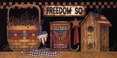 a painting of an american flag and other items on a shelf with a sign that says,