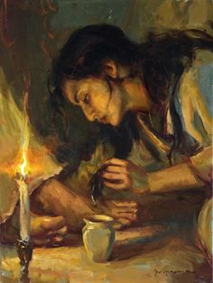 a painting of a woman lighting a candle