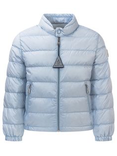 Light blue down jacket with long sleeves. High buttoned collar. Elasticized cuffs and hem. Boudin quilting. Zippered front pockets and two inside pockets. Zipper closure on front. Logo patch on sleeve.Composition: Outside: 100% Polyamide Lining: 100% Polyamide Padding: 90% Down, 10% Feather Adventure Accessories, Luxury Sportswear, Chloe Purses, Zegna Shoes, Quilt Jacket, Active Outfits, Kenzo Kids, Red Logo, Sportswear Brand