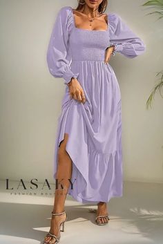 Lasaky - Sophisticated High-Waisted Lace-Trimmed Dress with Long Sleeves Moda Kimono, Kimono Style Dress, Long Sleeve Ruffle Dress, Mode Kimono, Long Sleeve Kimono, Flowy Maxi Dress, Long Dress Casual, Sleeves Clothing, Pregnancy Maxi Dress