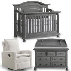 three different types of furniture including a crib, dresser and chair